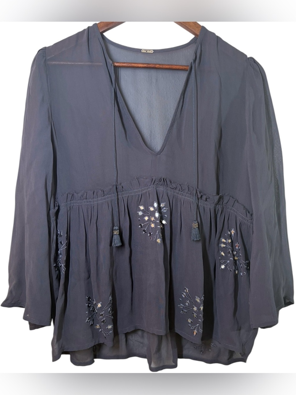 CHAN LUU Embellished Mirror Paillette Peasant Blouse Sheer Gunmetal Size S Boho
